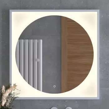 Зеркало в багетной раме с LED-подсветкой 18W (80x80 cm) (Сенсорный выключатель) (Теплый белый свет) (Белая рама) (DEFESTO)