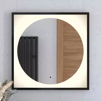 Зеркало в багетной раме с LED-подсветкой 15W (70x70 cm) (ИК - выключатель) (Теплый белый свет) (Черная рама) (DEFESTO)
