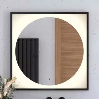 Зеркало в багетной раме с LED-подсветкой 18W (80x80 cm) (ИК - выключатель) (Теплый белый свет) (Черная рама) (DEFESTO)