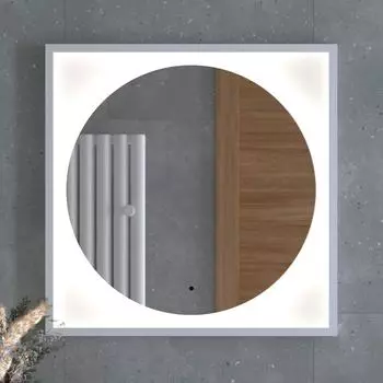 Зеркало в багетной раме с LED-подсветкой 15W (70x70 cm) (ИК - выключатель) (Нейтральный белый свет) (Белая рама) (DEFESTO)