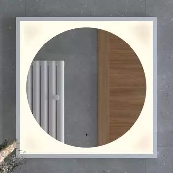 Зеркало в багетной раме с LED-подсветкой 15W (70x70 cm) (ИК - выключатель) (Теплый белый свет) (Белая рама) (DEFESTO)