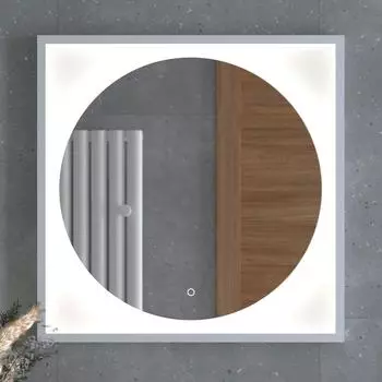 Зеркало в багетной раме с LED-подсветкой 18W (80x80 cm) (Сенсорный выключатель) (Нейтральный белый свет) (Белая рама) (DEFESTO)