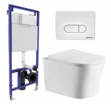 Комплект 3 в 1 инсталляция Berges Wasserhaus Novum 040231 + Подвесной унитаз CeruttiSpa Marmolada aria CT7778 + кнопка белая