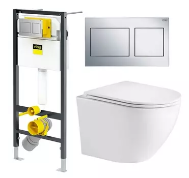 Комплект 3 в 1 инсталляция Viega Prevista Dry 8524.14 792596 + Подвесной унитаз WeltWasser Merzbach 043 GL-WT + кнопка хром