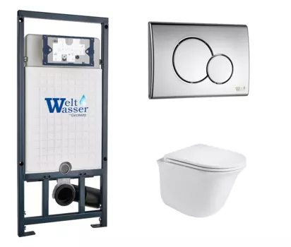Комплект 3 в 1 инсталляция WeltWasser WW Marberg 507 + Подвесной унитаз WeltWasser Telbach 004 GL-WT с кнопкой хром RD 10000005949 + 10000005952 + 10000003668