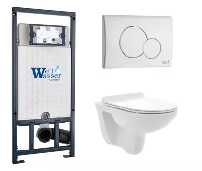 Комплект 3 в 1 инсталляция WeltWasser WW Amberg 507 + Унитаз подвесной AQUAme AQM2008 с кнопкой белой RD 10000005949 + 10000010236 + AQM2008