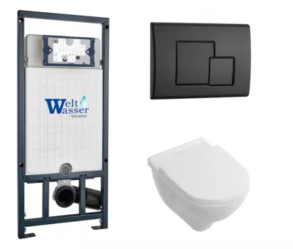 Комплект 3 в 1 инсталляция WeltWasser WW Marberg 507 + Унитаз подвесной Villeroy & Boch O Novo Directflush с кнопкой черной SE 10000005949 + 10000010239 + 5660HR01