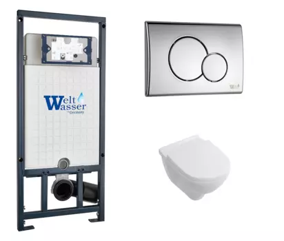 Комплект 3 в 1 инсталляция WeltWasser WW Marberg 507 + Унитаз подвесной Villeroy & Boch O Novo Directflush с кнопкой хром RD 10000005949 + 10000005952 + 5660HR01