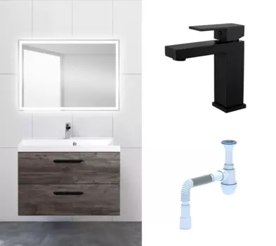 Комплект: Мебель для ванной BelBagno Aurora 80 pino pasadena + Смеситель Haiba HB10803-7 черный + Сифон АниПласт 130029+HB10803-7+C2015xrv