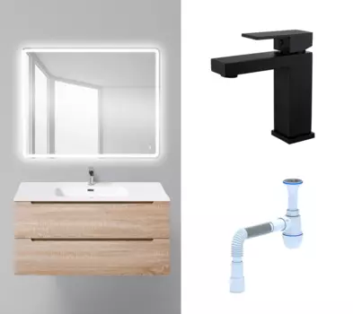 Комплект: Мебель для ванной BelBagno Etna 100 rovere bianco + Смеситель Haiba HB10803-7 черный + Сифон АниПласт 129978+HB10803-7+C2015xrv