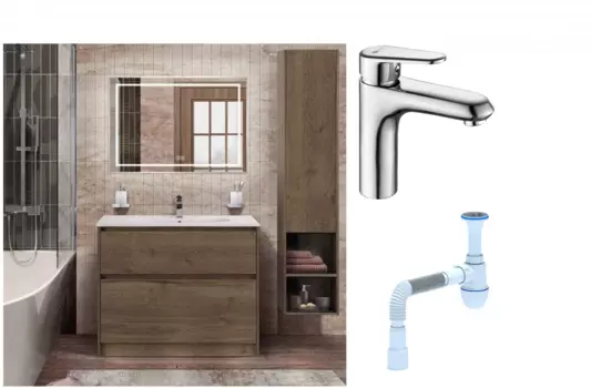 Комплект: Мебель для ванной BelBagno Kraft 100 + Смеситель Lemark Point LM0306C для раковины, хром + Сифон АниПласт 533336 + SNPLM0306C + C2015xrv