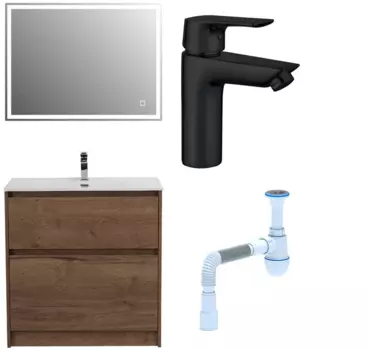 Комплект: Мебель для ванной BelBagno Kraft 80 + Смеситель Aquanet Static AF330-10B для раковины, чёрный + Сифон АниПласт 533324 + SNPAF330-10B + C2015xrv