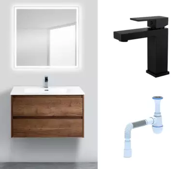 Комплект: Мебель для ванной BelBagno Kraft 90 rovere tabacco + Смеситель Haiba HB10803-7 черный + Сифон АниПласт 129993+HB10803-7+C2015xrv
