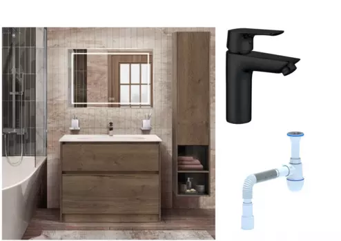 Комплект: Мебель для ванной BelBagno Kraft + Смеситель Aquanet Static AF330-10B для раковины, чёрный + Сифон АниПласт 540741 + SNPAF330-10B + C2015xrv