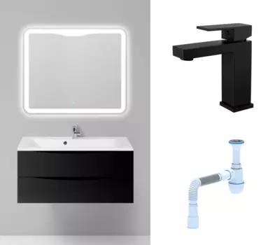 Комплект: Мебель для ванной BelBagno Marino 100 nero lucido + Смеситель Haiba HB10803-7 черный + Сифон АниПласт 107125+HB10803-7+C2015xrv