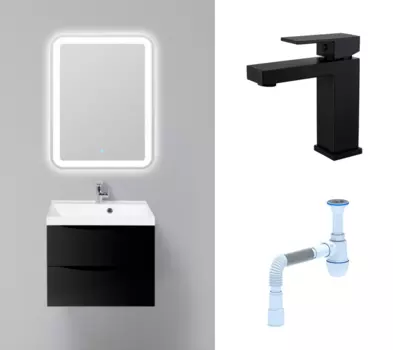 Комплект: Мебель для ванной BelBagno Marino 60 nero lucido + Смеситель Haiba HB10803-7 черный + Сифон АниПласт 106992+HB10803-7+C2015xrv