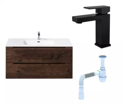 Комплект: Тумба с раковиной BelBagno Etna 100 rovere moro + Смеситель Haiba HB10803-7 черный + Сифон АниПласт 120640+HB10803-7+C2015xrv
