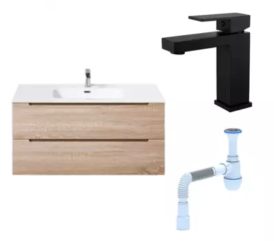 Комплект: Тумба с раковиной BelBagno Etna 100 rovere bianco + Смеситель Haiba HB10803-7 черный + Сифон АниПласт 130012+HB10803-7+C2015xrv