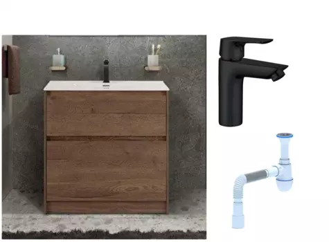 Комплект: Тумба с раковиной BelBagno Kraft напольная + Смеситель Aquanet Static AF330-10B для раковины, чёрный + Сифон АниПласт 533347 + SNPAF330-10B + C2015xrv
