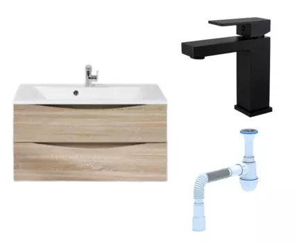 Комплект: Тумба с раковиной BelBagno Marino 90 rovere bianco + Смеситель Haiba HB10803-7 черный + Сифон АниПласт 107300+HB10803-7+C2015xrv