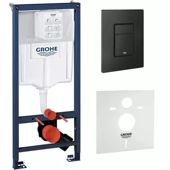 Инсталляция для унитазов Grohe Rapid SL 1000046 5 в 1 cо звукоизоляционным комплектом и редуктором потока воды, кнопка смыва черная матовая