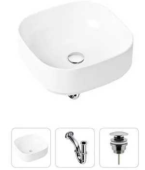 Комплект 3 в 1 Lavinia Boho Bathroom Sink 21520218: накладная фарфоровая раковина 40 см, металлический сифон, донный клапан
