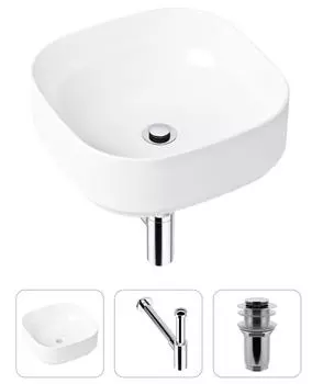Комплект 3 в 1 Lavinia Boho Bathroom Sink 21520221: накладная фарфоровая раковина 40 см, металлический сифон, донный клапан