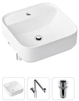 Комплект 3 в 1 Lavinia Boho Bathroom Sink 21520315: накладная фарфоровая раковина 42 см, металлический сифон, донный клапан