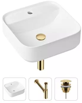 Комплект 3 в 1 Lavinia Boho Bathroom Sink 21520310: накладная фарфоровая раковина 42 см, металлический сифон, донный клапан