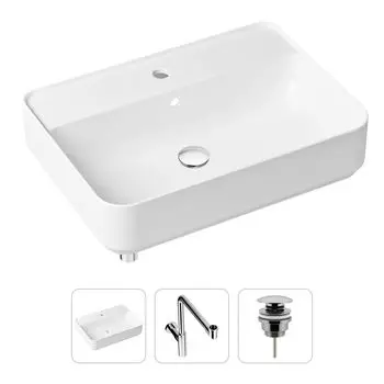 Комплект 3 в 1 Lavinia Boho Bathroom Sink 21520370: накладная фарфоровая раковина 60 см, металлический сифон, донный клапан
