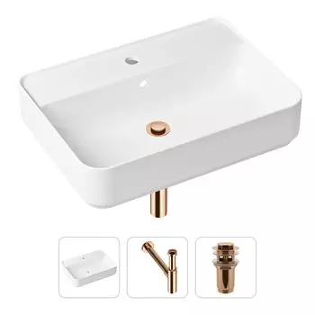 Комплект 3 в 1 Lavinia Boho Bathroom Sink 21520365: накладная фарфоровая раковина 60 см, металлический сифон, донный клапан