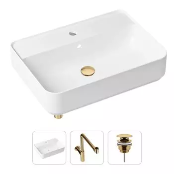 Комплект 3 в 1 Lavinia Boho Bathroom Sink 21520374: накладная фарфоровая раковина 60 см, металлический сифон, донный клапан