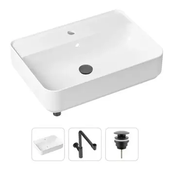 Комплект 3 в 1 Lavinia Boho Bathroom Sink 21520372: накладная фарфоровая раковина 60 см, металлический сифон, донный клапан
