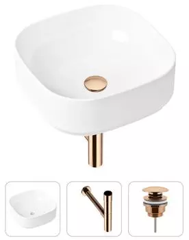 Комплект 3 в 1 Lavinia Boho Bathroom Sink 21520248: накладная фарфоровая раковина 40 см, металлический сифон, донный клапан