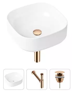 Комплект 3 в 1 Lavinia Boho Bathroom Sink 21520258: накладная фарфоровая раковина 40 см, металлический сифон, донный клапан