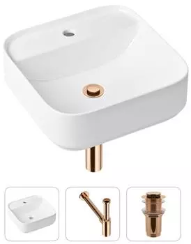 Комплект 3 в 1 Lavinia Boho Bathroom Sink 21520281: накладная фарфоровая раковина 42 см, металлический сифон, донный клапан