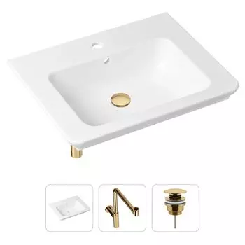 Комплект 3 в 1 Lavinia Boho Bathroom Sink 21520428: врезная фарфоровая раковина 60 см, металлический сифон, донный клапан