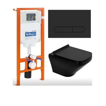 Комплект 4 в 1 BelBagno Унитаз Sela BB3201CHR-MB+Система инсталляции BB002+Кнопка BB007-PR-NERO.M