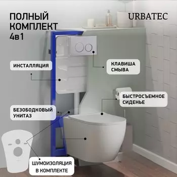 Комплект 4 в 1 Urbatec безободковый унитаз, сиденье, инсталляция, кнопка хром матовый