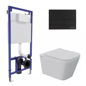 Комплект Berges 043243 инсталляция Novum 525 + кнопка L5 черная Soft Touch + унитаз Floe S Rimless