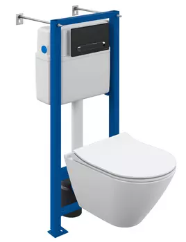 Комплект Cersanit City Smart CO DPL EO slim унитаз подвесной + инсталляция Cersanit VECTOR + кнопка ESTETICA черный матовый с рамкой хром (68305)