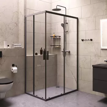 Комплект душевой уголок Am.Pm Gem S 120х80 с душевой системой и аксессуарами, профиль черный матовый, стекло прозрачное