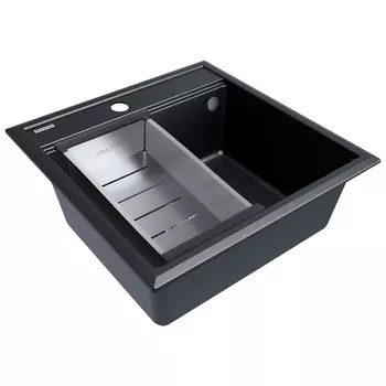 Комплект мойка + колландер Paulmark STEPIA 50 + ADVANCE PM115051-BLM+A375-BS 50х51 см, чёрный металлик, брашированная нержавеющая сталь