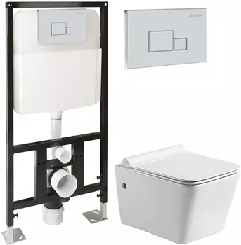 Комплект SantiLine SL-5004 + SL-01 безободковый унитаз, с микролифтом+ система инсталляции с кнопкой