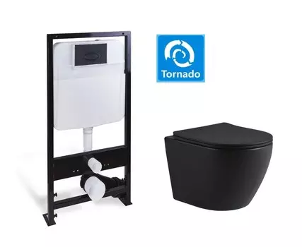 Комплект SantiLine SL-5025MB+SL-03 унитаз безободковый, с системой смыва Tornado + инсталляция с кнопкой, черный матовый