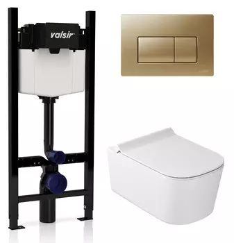 Комплект унитаз с инсталляцией Valsir KIT VSMG 5486 Slim P1 + сиденье + кнопка золото матовое