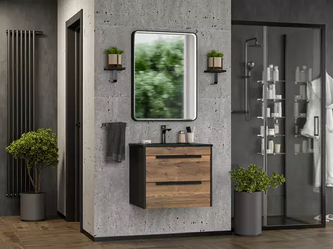 Мебель для ванной Brevita Monsour 60 подвесная, дуб галифакс олово/черный кварц