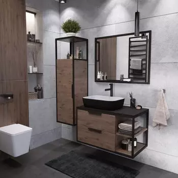 Мебель для ванной Grossman Лофт 90 подвесная, 2 ящика, веллингтон/металл черный (раковина Grossman GR-4041BW)