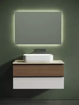 Мебель для ванной Sancos Delta 100 подвесная, столешница black sky, дуб светлый/белый (без отверстия под смеситель)