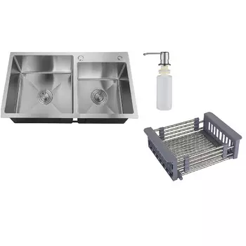 Мойка кухонная Ростовская Мануфактура Сантехники (РМС) MR-7843 c корзиной и дозатором, нержавеющая сталь